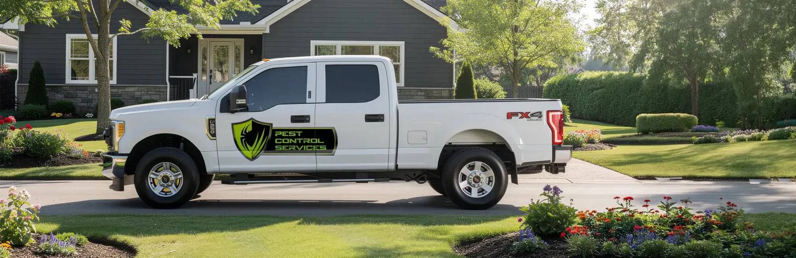 pest control services truck in front of a house
