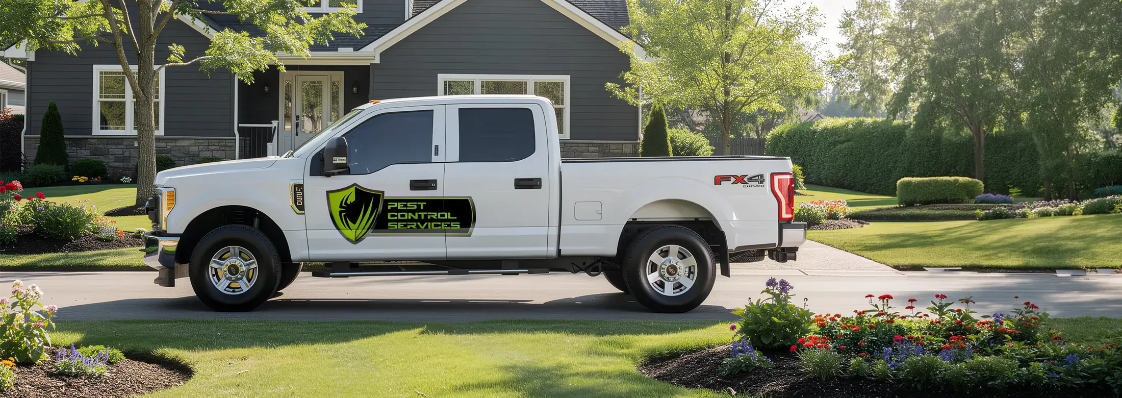 pest control services truck in front of a house